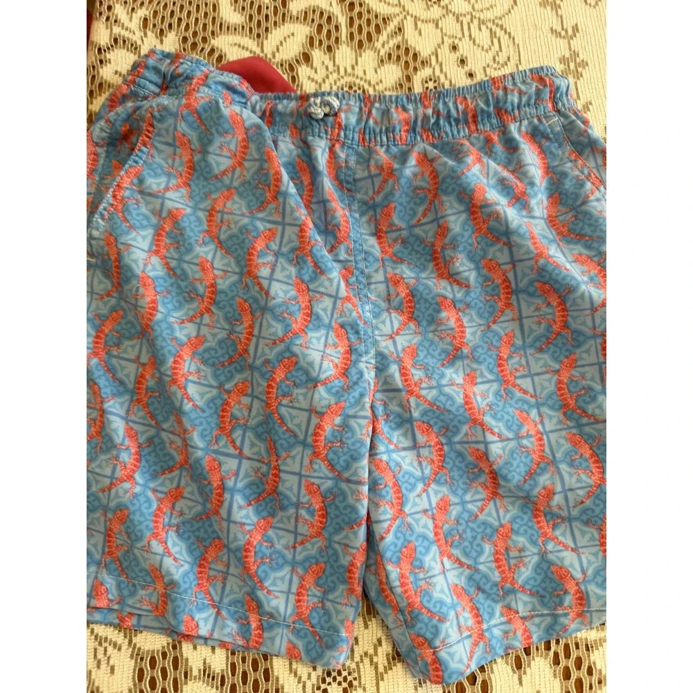 Peter Millar Boys Blue Orange Gecko Lizard Print Swim Trunks Size M 8-10